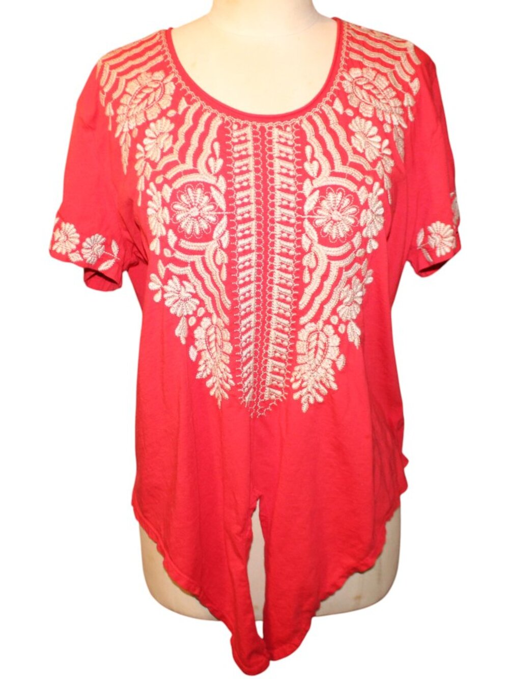 JOHNNY WAS Embroidered Rita Knot Tie Front Top Size XL Red Coral Boho Designer - Picture 12 of 13